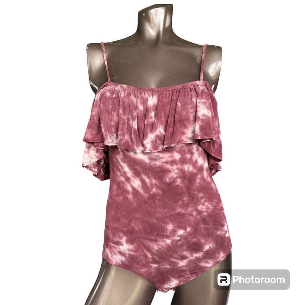 •American Eagle Tie-Dye Off-Shoulder Ruffle Bodysuit M Red Cropped Snap Closure